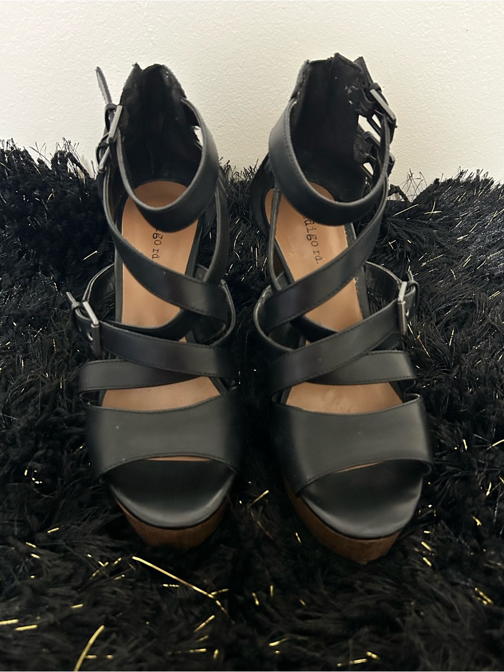 Indigo Black Strappy Wedge Sandals